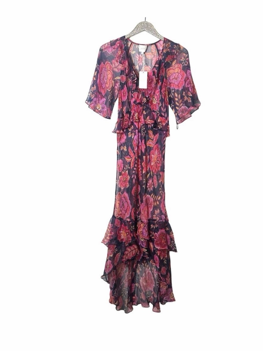 Johnny Was Floral Ruffle Maxi Dress in Navy and Pink